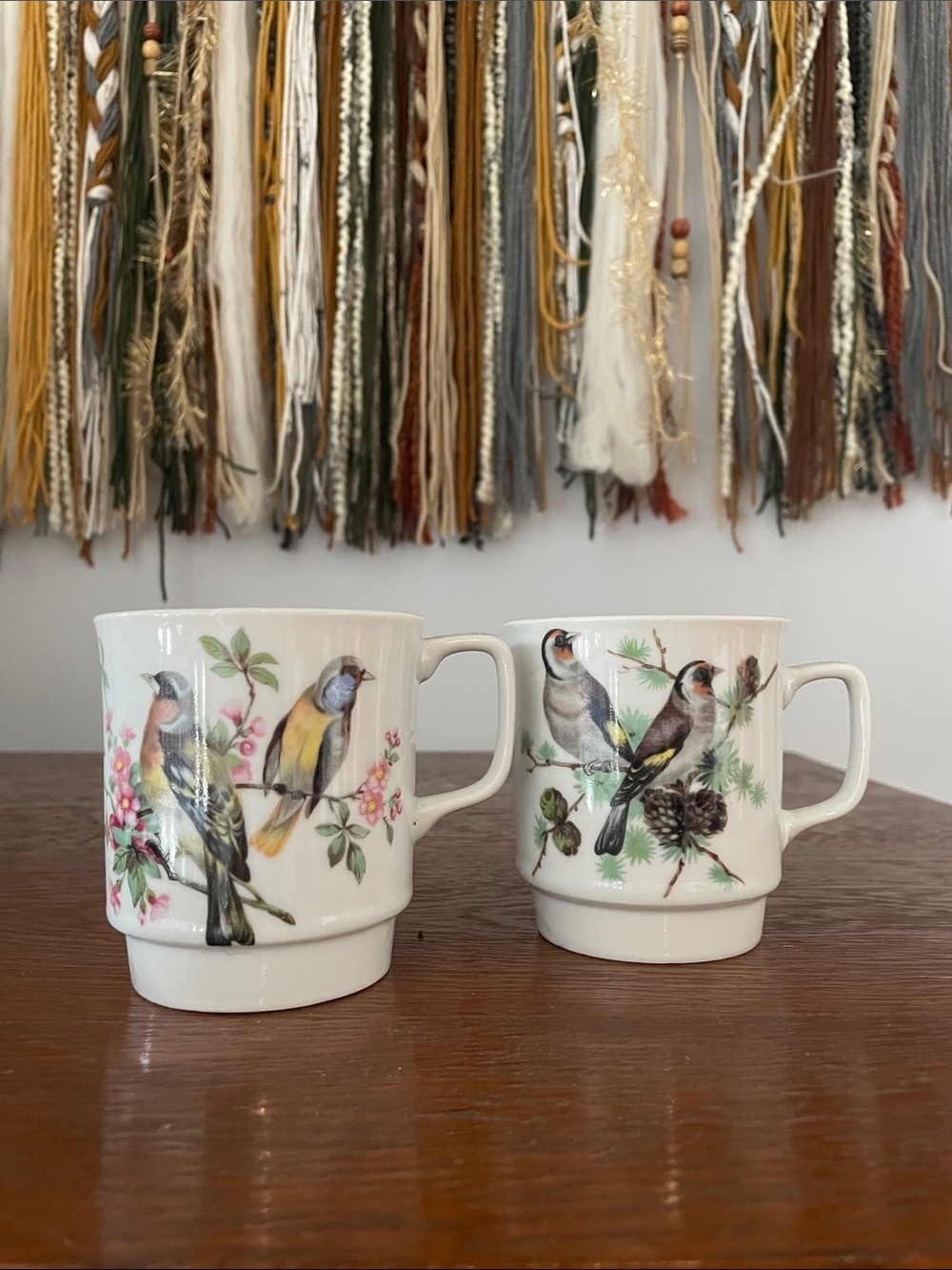 Bird-Illustration Ceramic Mug Set - White
